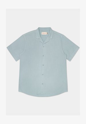 Korte mouwen button-up shirt in lichtblauw, gemaakt van textuurstof, met een puntige kraag en een afgeronde zoom met vijf knopen.