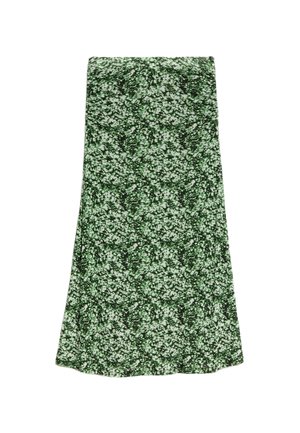 Gonna verde a fantasia con una forma svasata, caratterizzata da un motivo floreale in tonalità più chiare di verde e una sottile texture su tutta la superficie.