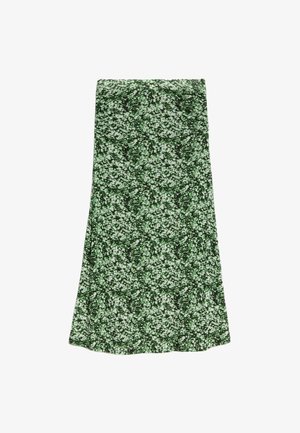 Grön mönstrad kjol med en utsvängd form, prydd med ett blommönster i ljusare gröna nyanser och subtil textur genom hela kjolen.
