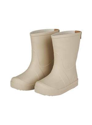 Beige Gummiregenstiefel mit glatter Oberfläche, runden Zehen und strukturierten Sohlen. Mit einem weichen Innenfutter und einer Ziehschlaufe für einfaches An- und Ausziehen.