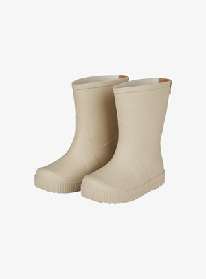 Beige rubber rain boots with a smooth finish, rounded toes, and textured soles. Features a soft inner lining and a pull tab for easy wear.