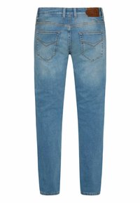 Jeans in denim blu chiaro con design a gamba dritta, dotati di due tasche posteriori e una toppa in pelle marrone sulla vita.