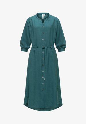 Turkoois midi-jurk met knoopsluiting aan de voorkant, driekwart pofmouwen, ronde halslijn en een dunne, verstelbare tailleceintuur.