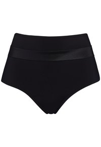 Hoge taille zwarte bikini onderkant met een gladde afwerking, contrasterende glanzende tailleband en een ontwerp met volledige bedekking.