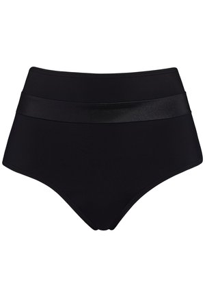 Bas de bikini noir taille haute avec une finition lisse, une taille brillante contrastante et un design couvrant entièrement.