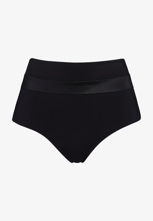 Hoge taille zwarte bikini onderkant met een gladde afwerking, contrasterende glanzende tailleband en een ontwerp met volledige bedekking.