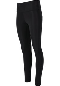 Leggings neri a vita alta realizzati in tessuto liscio e elasticizzato. Presentano un design aderente, gambe affusolate e cuciture cucite per una maggiore durata.