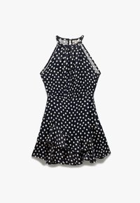Vestido halter de color azul marino con lunares blancos, cuerpo plisado y dobladillo con volantes. Confeccionado en un tejido suave y con una cintura ajustada.