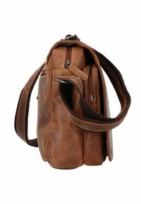 Brown leather crossbody bag with a textured finish, zippered compartments, and a brown fabric strap. Features multiple pockets and stitching details.