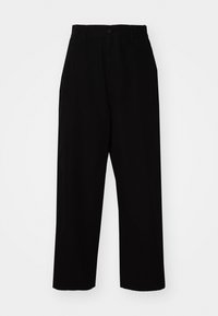 Pantalons noirs en tissu coton robuste. Présentent un design à jambe droite, des passants de ceinture, une fermeture à bouton et un ourlet propre.