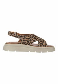 Sandal con stampa leopardata, con fascia incrociata, parte superiore in materiale sintetico, soletta imbottita e suola in gomma bianca spessa. Cinturino posteriore regolabile per una vestibilità perfetta.