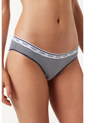 Gestreepte bikini slip in marineblauw en wit, gemaakt van een zachte stof en met een elastische tailleband met het merk "next". Middenhoogte snit.
