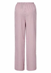 Zachte, lichte, roze en witte gestreepte wijdelijf broek met een elastische tailleband en rechte snit, met een soepele textuur en zonder zakken.