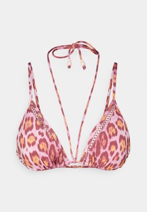 Top de bikini em padrão de leopardo rosa, com copas triangulares, alças finas e design com atilho nas costas; apresenta contas decorativas nos atilhos.