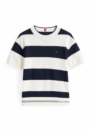 Marineblå og hvidt horisontalt stribet strik t-shirt med rund hals, korte ærmer og et lille logo på brystet og kanten.