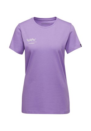 Purple cotton t-shirt featuring short sleeves, a crew neck, and a white logo print on the front. Smooth texture with a regular fit.