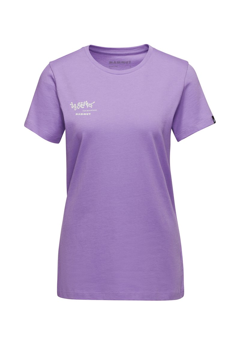 T-shirt di cotone viola con maniche corte, collo rotondo e stampa bianca del logo sulla parte anteriore. Texture liscia con vestibilità regolare.