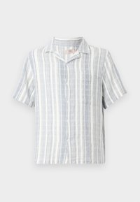 Short-sleeve shirt made of lightweight fabric, featuring vertical blue and white stripes, a button-down front, and a chest pocket.
