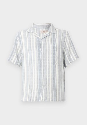 Short-sleeve shirt made of lightweight fabric, featuring vertical blue and white stripes, a button-down front, and a chest pocket.