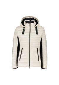 Giacca imbottita di colore bianco sporco con pannelli laterali neri, cappuccio, tasche con zip e cinghie regolabili al collo. Superficie testurizzata con linee orizzontali.
