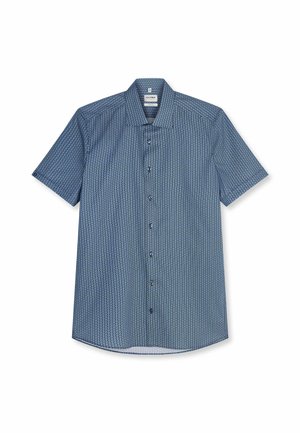 Camicia blu a maniche corte con piccoli motivi circolari e colletto classico, stesa su sfondo bianco.