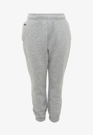 Jasnoszare spodnie dresowe z polaru z elastyczną talią i mankietami, kieszeniami po bokach oraz małym zielonym logo krokodyla na lewym biodrze.