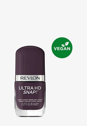 Revlon Ultra HD Snap! vegansk neglelakflaske i mørk lilla farve, 8 ml, med grønt vegansk logo ved siden af.