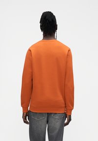 Orange sweatshirt with a round neckline, ribbed cuffs, and hem. Worn with gray denim pants. Smooth texture, casual design.