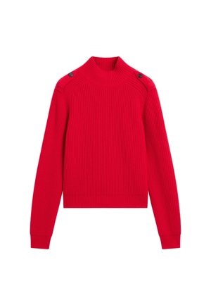 Maglione lavorato a costine rosso con collo alto, bottoni laterali e maniche lunghe con polsini aderenti. Design cropped.