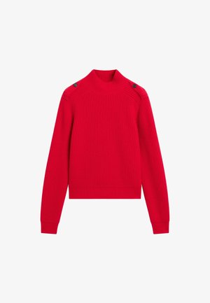 Red ribbed knit sweater featuring a high neck, side buttons, and long sleeves with fitted cuffs. Cropped design.