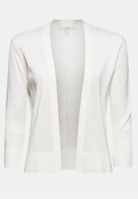 Valkoinen neuletakki, jossa on kevyt rakenne, auki oleva etuosa ja kolmannes hihoista. Etuosassa on pystysaumoja.