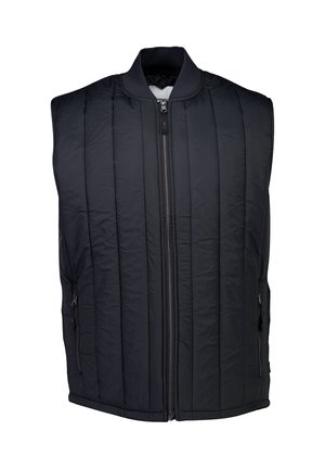 Schwarze Steppweste mit hohem Kragen, Reißverschluss und Seitentaschen. Sie hat ein gestepptes Design und eine weiche, gepolsterte Textur.