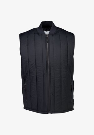 Black puffer vest with a high collar, zip closure, and side pockets. Features a quilted design and soft, padded texture.