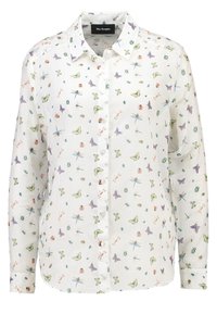 Camicia bianca a maniche lunghe con una stampa colorata di insetti, tra cui farfalle e coleotteri, con bottoniera frontale e colletto.