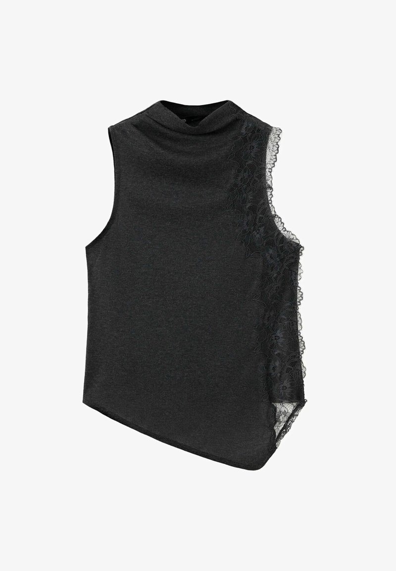 Haut noir sans manches avec un col montant et un détail en dentelle florale sur le côté droit s'étendant de l'épaule à l'ourlet.