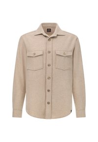 Beige košile s dlouhým rukávem vyrobená z měkké tkaniny, s klasickým límcem, dvěma náprsními kapsami a knoflíkovým zapínáním vpředu.