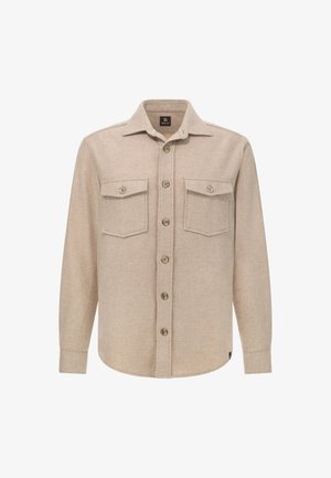 Beżowa koszula z długim rękawem uszyta z miękkiego materiału, z klasycznym kołnierzykiem, dwoma kieszeniami na piersi i zapięciem na guziki z przodu.