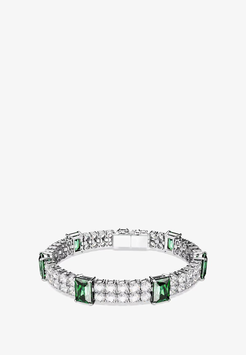Bracelet ton argent avec des pierres rectangulaires vertes et transparentes, liées en un motif alterné, avec une fermeture à fermoir sécurisé.