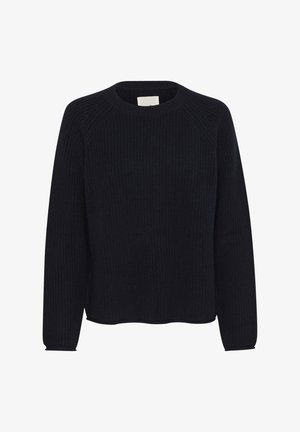 Un pull bleu marine foncé avec une texture côtelée, un col rond et de longues manches raglan. Il présente un ourlet droit et des détails de design minimaux.