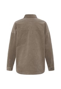 Chemise en velours côtelé marron à manches longues avec poignets boutonnés et col classique, vue de dos sur fond blanc.
