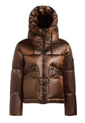 Hnědá prošívaná bunda s lesklým povrchem, vybavená velkou kapucí, černými zipy a dvěma zipovými kapsami vpředu.