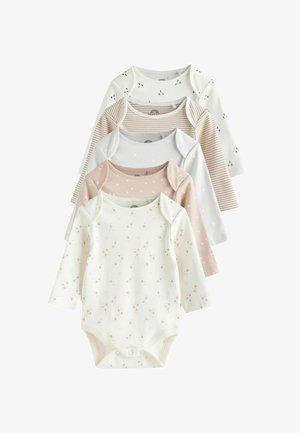 Sæt med fem langærmede babybodyer i hvid, beige og stribet mønster med stjerne- og prikkedesign, trykknapper i bunden.