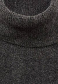 Gray wool sweater with a high ribbed collar, featuring a soft, textured fabric and a relaxed fit.