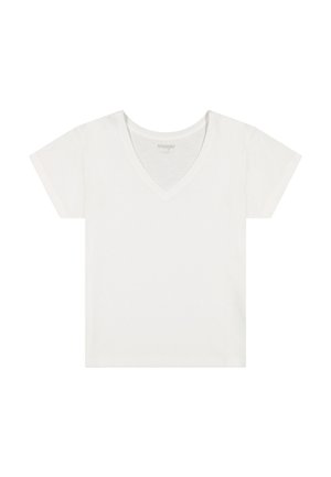 Effen witte korte mouw T-shirt met V-hals, plat gelegd, voorkant zichtbaar en Wrangler merklabel aan de binnenkant van de kraag.