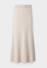 Lys beige strikket skjørt med ribbestrikket liv, utspent A-linjeform og myk tekstur, med subtile variasjoner i stoffet.
