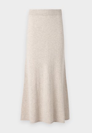 Lys beige strikket skjørt med ribbestrikket liv, utspent A-linjeform og myk tekstur, med subtile variasjoner i stoffet.