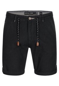 Shorts en coton noir avec fermeture par bouton, taille à cordon de serrage et ourlets retroussés. Comprend des accents en cuir aux extrémités du cordon de serrage.