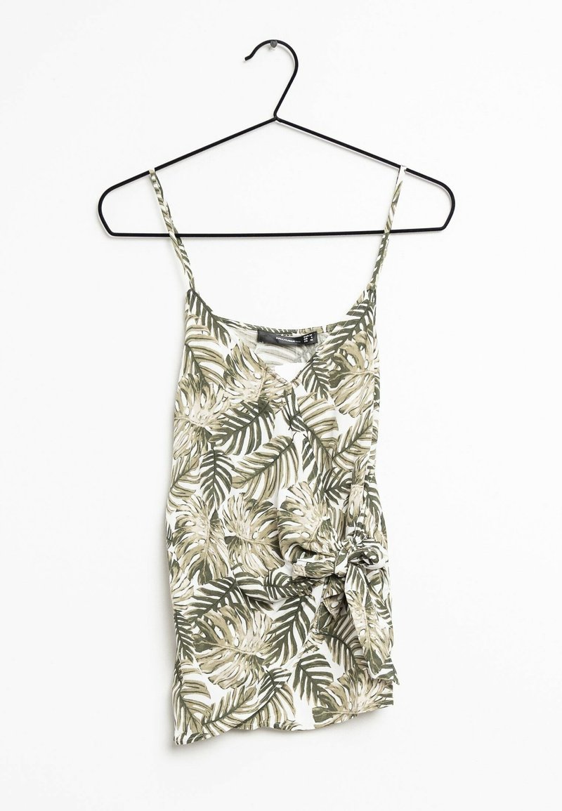 Camisole tropicale imprimée verte et beige avec fines bretelles, détail noué à la taille et décolleté en V, en tissu léger.