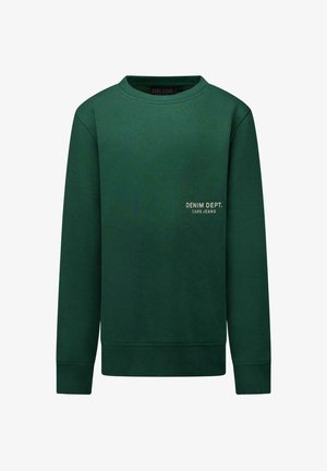 Donkergroene crewneck trui met lange mouwen en kleine witte tekst met de tekst "DENIM DEPT. CARS JEANS" op de borst.