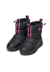 Botas de invierno negras con aislamiento y acentos de rayas rosas, parte superior acolchada, cordón ajustable y suela de goma texturizada para mayor tracción.